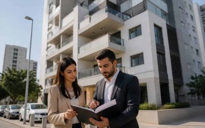 Israeli apartment building exterior with a real estate agent and potential buyer discussing pricing