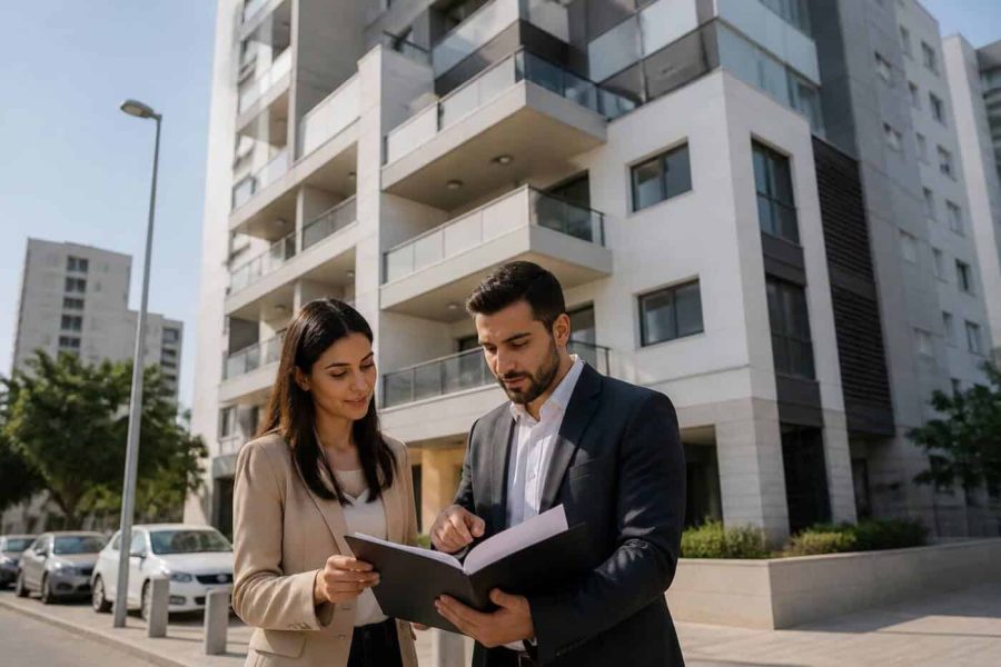 Israeli apartment building exterior with a real estate agent and potential buyer discussing pricing