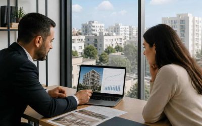 Buyer reviewing Israeli apartment listings and market data with a real estate advisor