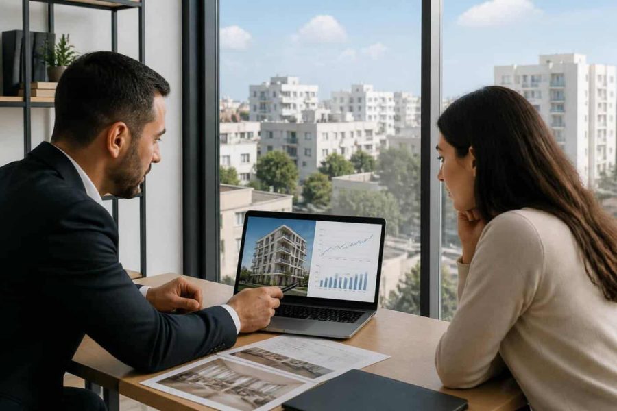 Buyer reviewing Israeli apartment listings and market data with a real estate advisor