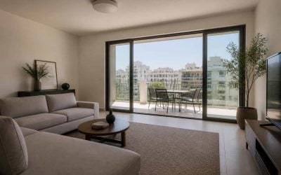 Israeli apartment interior with neutral living room balcony light and city view