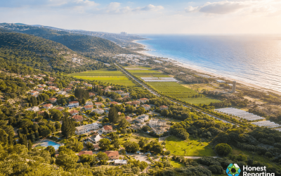 Aerial view of Nir Etzion overlooking the Mediterranean coast with hillside homes and farmland in northern Israel
