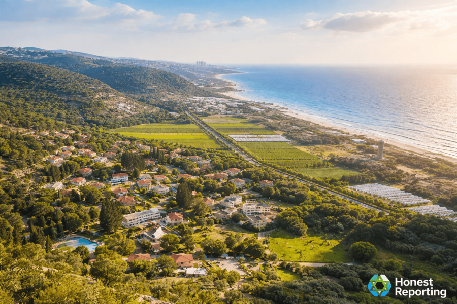Aerial view of Nir Etzion overlooking the Mediterranean coast with hillside homes and farmland in northern Israel