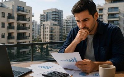 Israeli apartment buildings with a person reviewing mortgage documents and financial charts