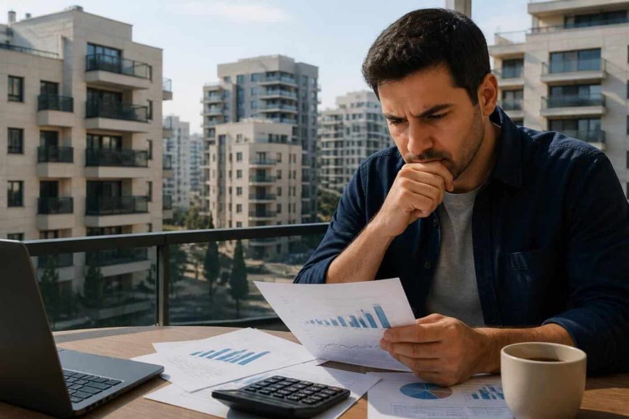 Israeli apartment buildings with a person reviewing mortgage documents and financial charts