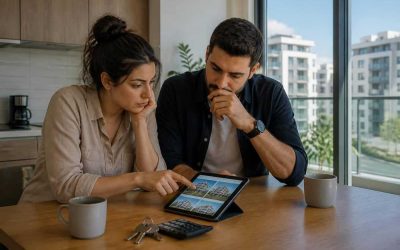 Couple comparing housing costs and location factors before buying an apartment