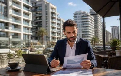 Modern Israeli apartment buildings with a buyer reviewing real estate investment numbers