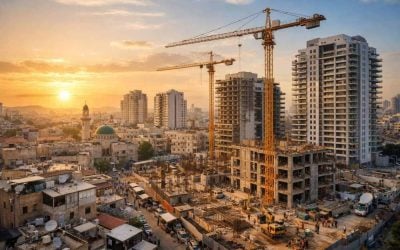 Construction cranes and modern residential buildings symbolizing urban renewal in an Israeli mixed city