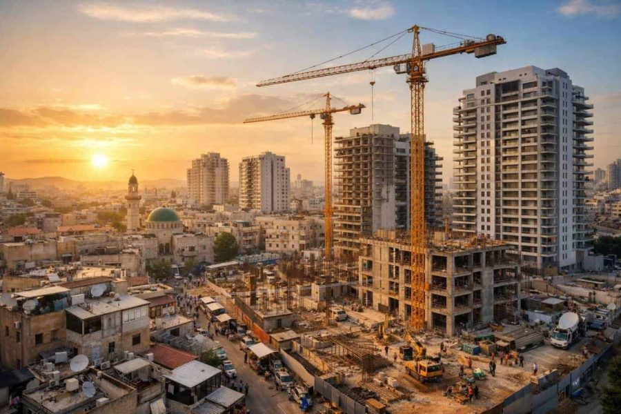 Construction cranes and modern residential buildings symbolizing urban renewal in an Israeli mixed city