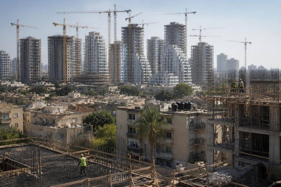 Residential construction cranes and apartment towers in an Israeli city neighborhood