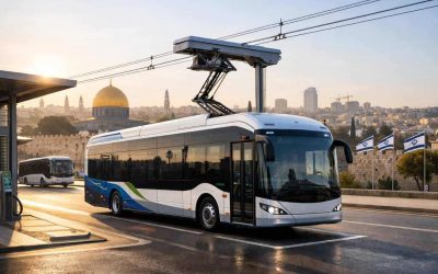 Modern zero-emission electric bus driving on a street in Israel, representing the 2026 public transport mandate