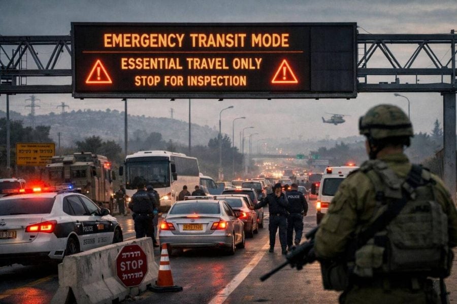 Empty bus station in Israel illustrating emergency transit mode restrictions