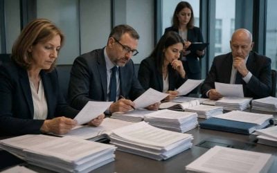 Public procurement documents on a desk with officials reviewing paperwork in a modern office setting