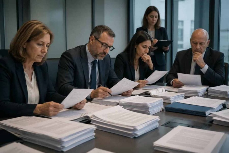 Public procurement documents on a desk with officials reviewing paperwork in a modern office setting