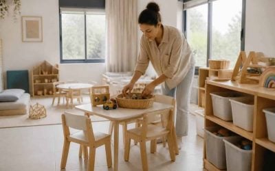 Caregiver arranging toys in a bright family daycare room in Israel