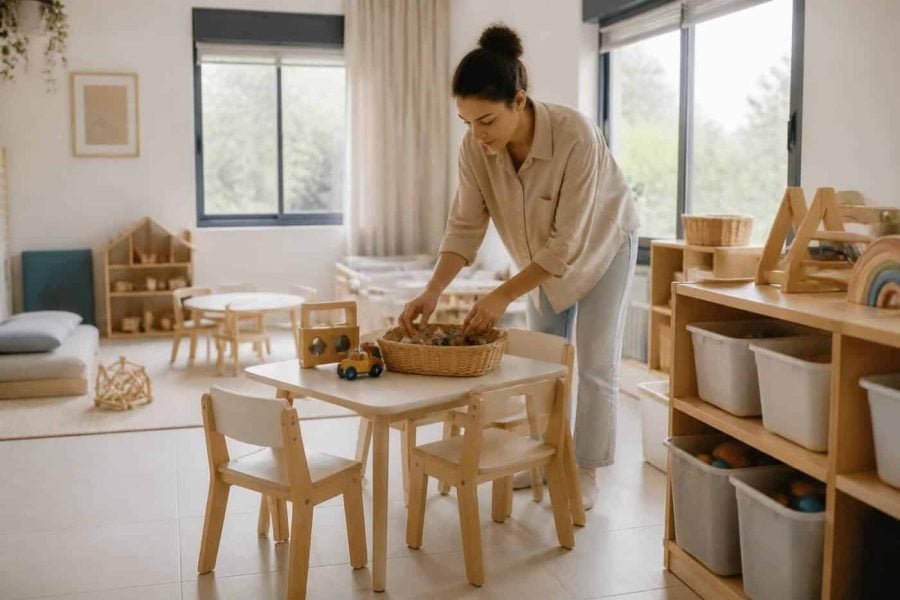 Caregiver arranging toys in a bright family daycare room in Israel