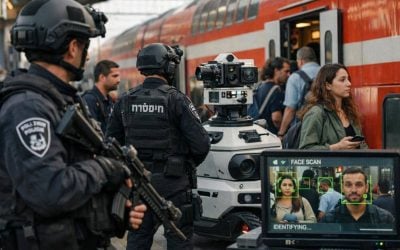 Israeli tactical security unit patrolling a train station to ensure commuter safety alongside advanced AI surveillance systems