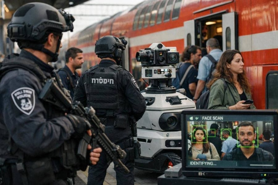 Israeli tactical security unit patrolling a train station to ensure commuter safety alongside advanced AI surveillance systems
