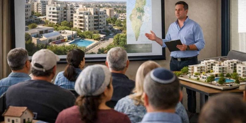 Olim attending an Israel home-buying briefing to gain timely insights on the real estate market