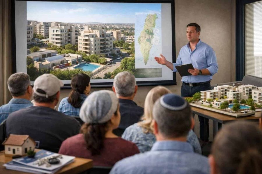 Olim attending an Israel home-buying briefing to gain timely insights on the real estate market