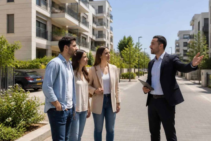 Prospective homebuyers viewing modern apartment buildings in an Israeli residential neighborhood