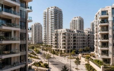 Israeli residential towers and unsold new apartments under clear daylight