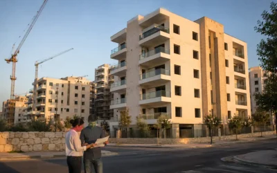 New apartment buildings and a couple reviewing documents in an Israeli housing market street scene at golden hour