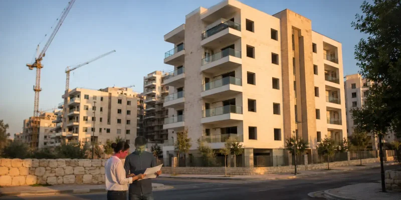 New apartment buildings and a couple reviewing documents in an Israeli housing market street scene at golden hour