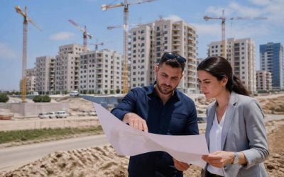 Modern Israeli residential development site with cranes and professionals reviewing plans outdoors