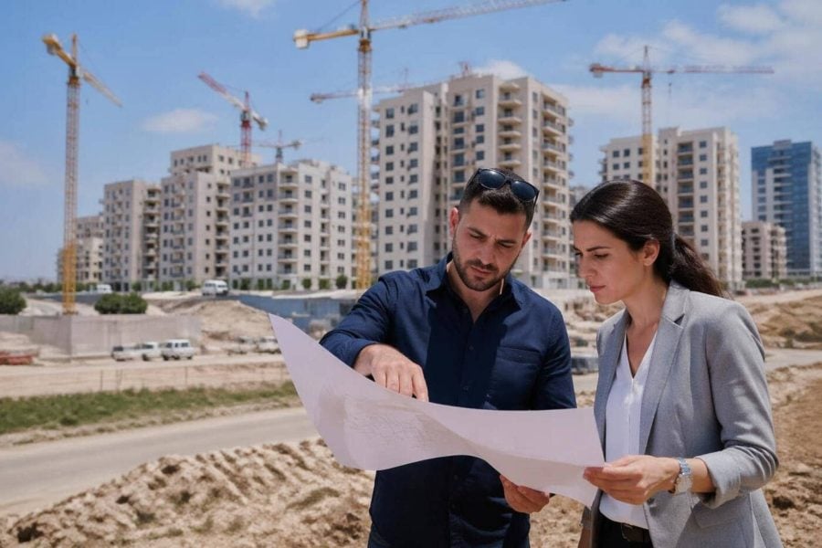 Modern Israeli residential development site with cranes and professionals reviewing plans outdoors
