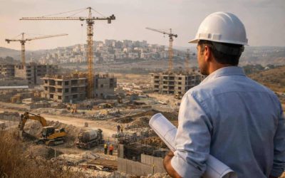 Construction cranes and urban development site in Israel representing the Israel Land Authority's new infrastructure projects