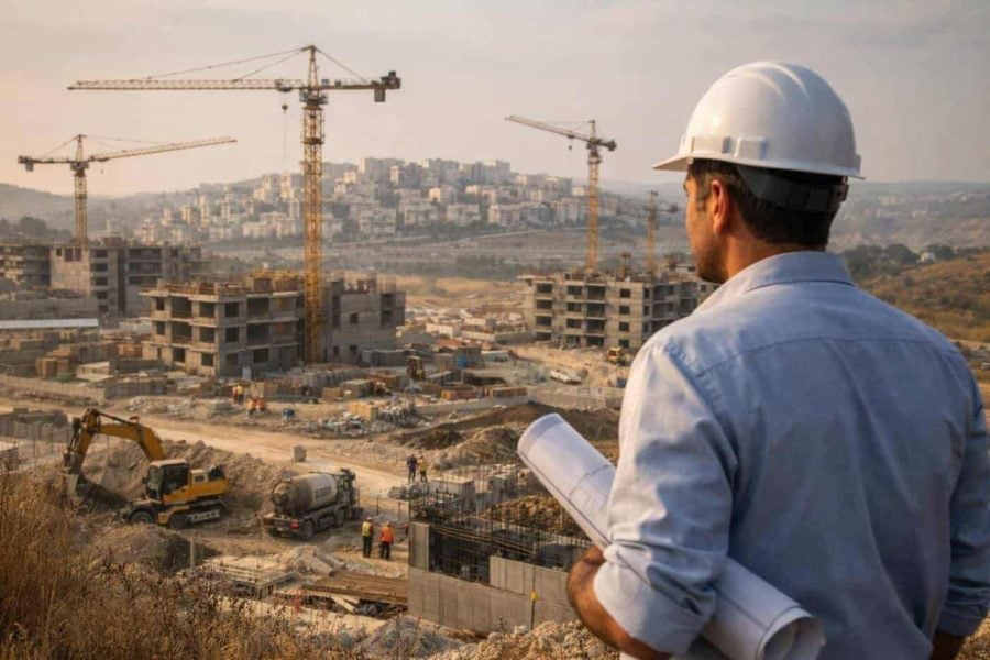 Construction cranes and urban development site in Israel representing the Israel Land Authority's new infrastructure projects