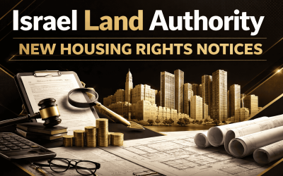Black and gold wide banner showing Israeli city skyline, legal documents, and land planning visuals tied to Israel Land Authority housing rights updates.