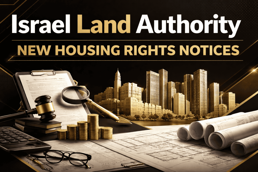 Black and gold wide banner showing Israeli city skyline, legal documents, and land planning visuals tied to Israel Land Authority housing rights updates.