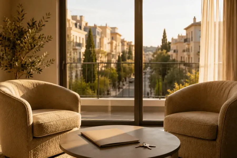 Empty staged apartment with keys on a table, showing a listing waiting after inquiries but no second viewings