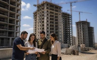 Apartment buildings under construction in Israel with people reviewing housing documents