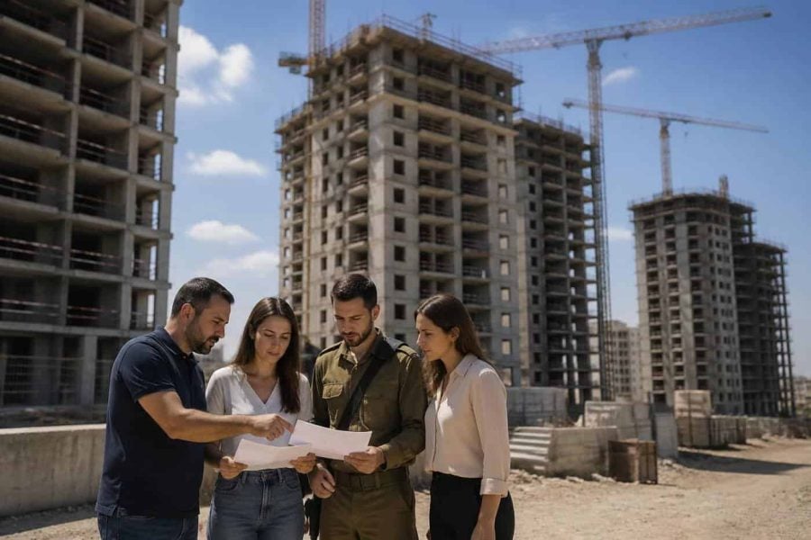 Apartment buildings under construction in Israel with people reviewing housing documents