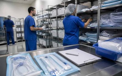 Hospital supply room with medical devices prepared for procurement and clinical use