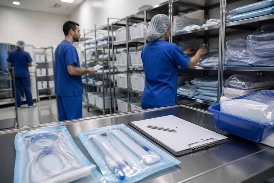 Hospital supply room with medical devices prepared for procurement and clinical use