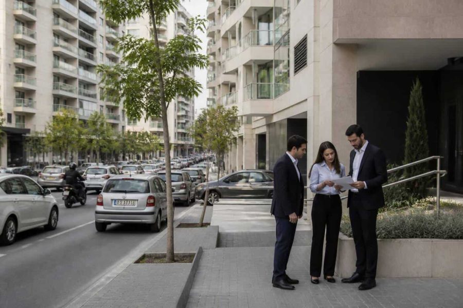 Modern apartment buildings in Israel viewed from a city street during a property sale