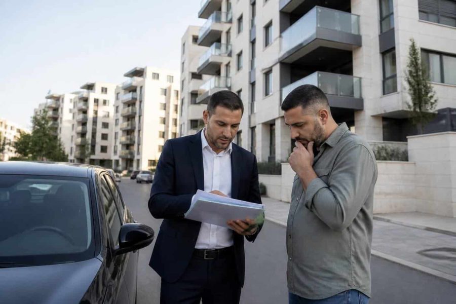 Residential apartment buildings in Israel viewed from a quiet street during a real estate market slowdown