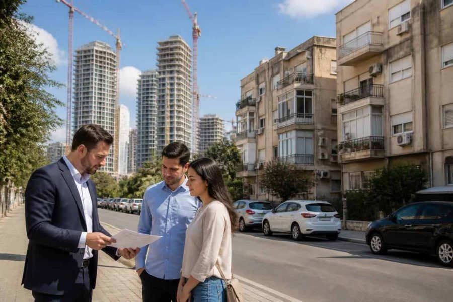 Older apartment buildings in an Israeli city undergoing urban renewal with construction cranes nearby
