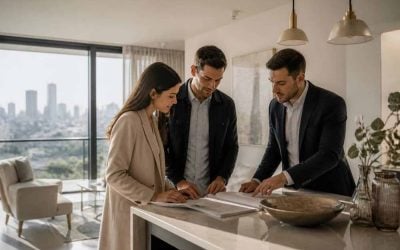 Prospective homebuyers reviewing apartment details in a modern Israeli real estate setting