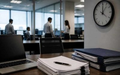 Government procurement documents on a desk with a laptop and official-looking folders in a modern office