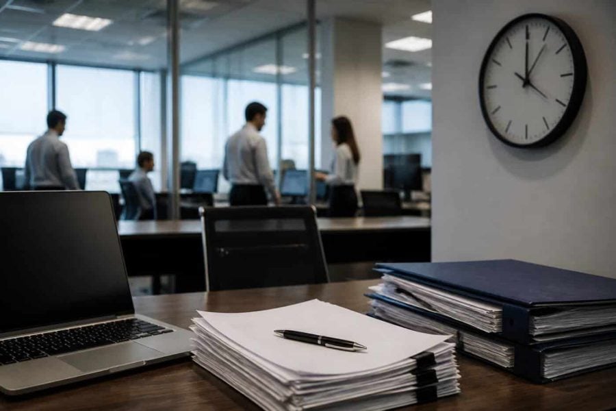Government procurement documents on a desk with a laptop and official-looking folders in a modern office