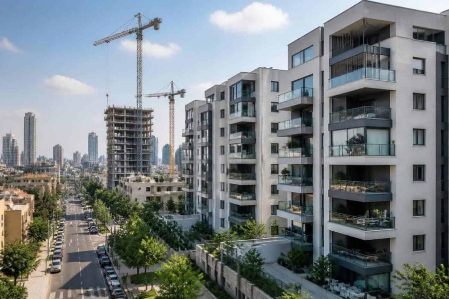 Modern residential apartment buildings in an Israeli city with construction cranes and surrounding streets