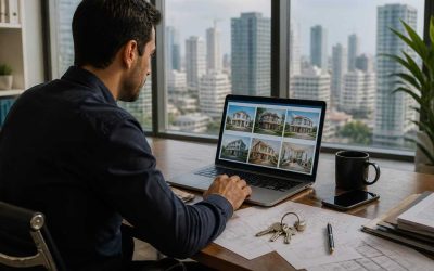 Investor reviewing Israeli real estate auction listings on a laptop in a modern office