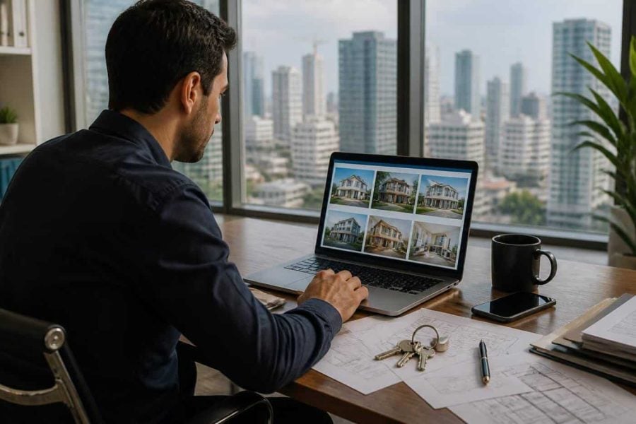 Investor reviewing Israeli real estate auction listings on a laptop in a modern office