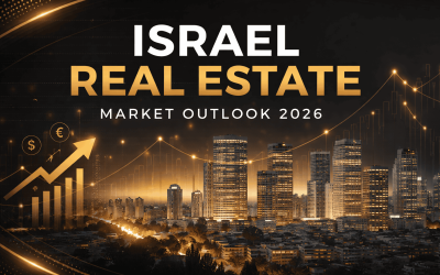 Tel Aviv skyline at dusk in black, gold, and white with subtle market trend graphics overlay