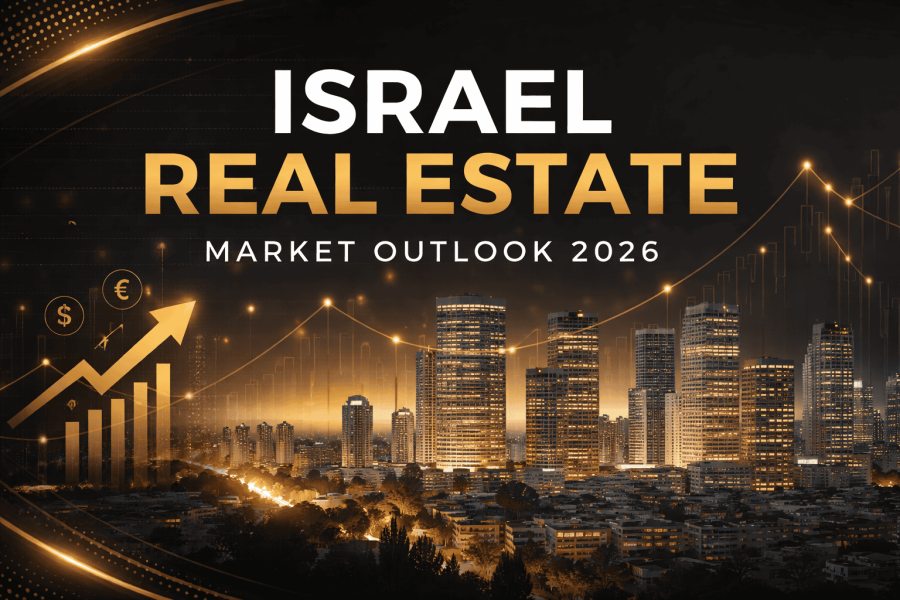 Tel Aviv skyline at dusk in black, gold, and white with subtle market trend graphics overlay